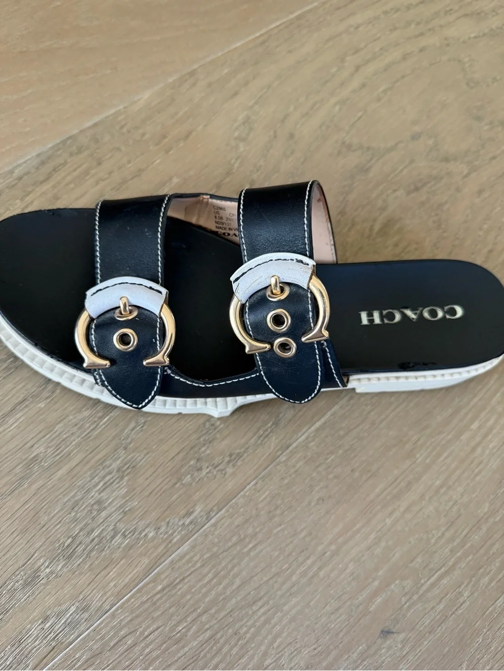 Coach Black and White Double Buckle Slide Sandals